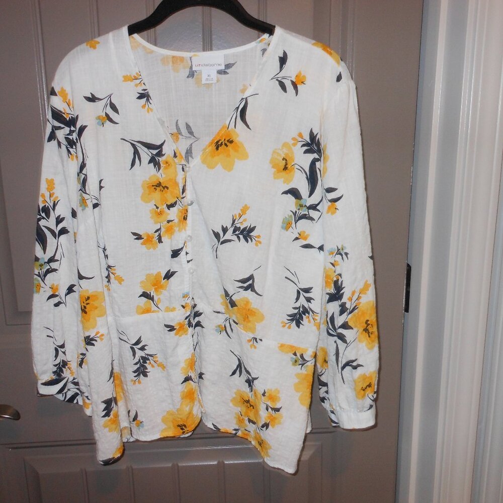 Liz Claiborne XL Elbow Length, Peplum, Navy/yellow Button Front Top